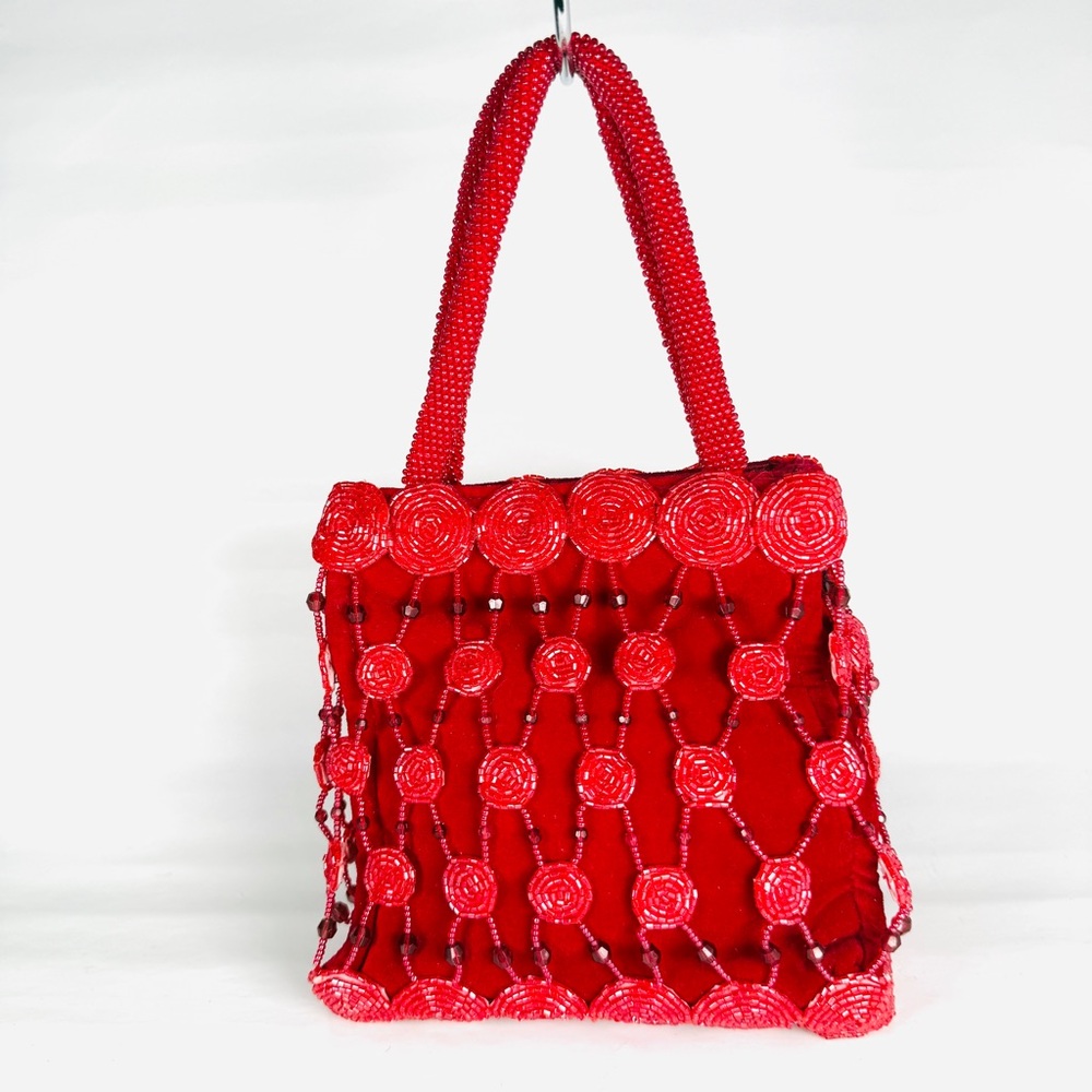 Elegant Red Velvet Beaded Handbag Vintage Snap Closure